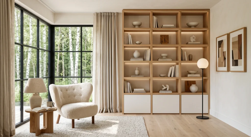A minimalist Scandinavian bookshelf featuring carefully curated books, decorative ceramics, olive branches, and generous empty shelf space that creates an airy, calm, and luxurious Nordic reading environment.