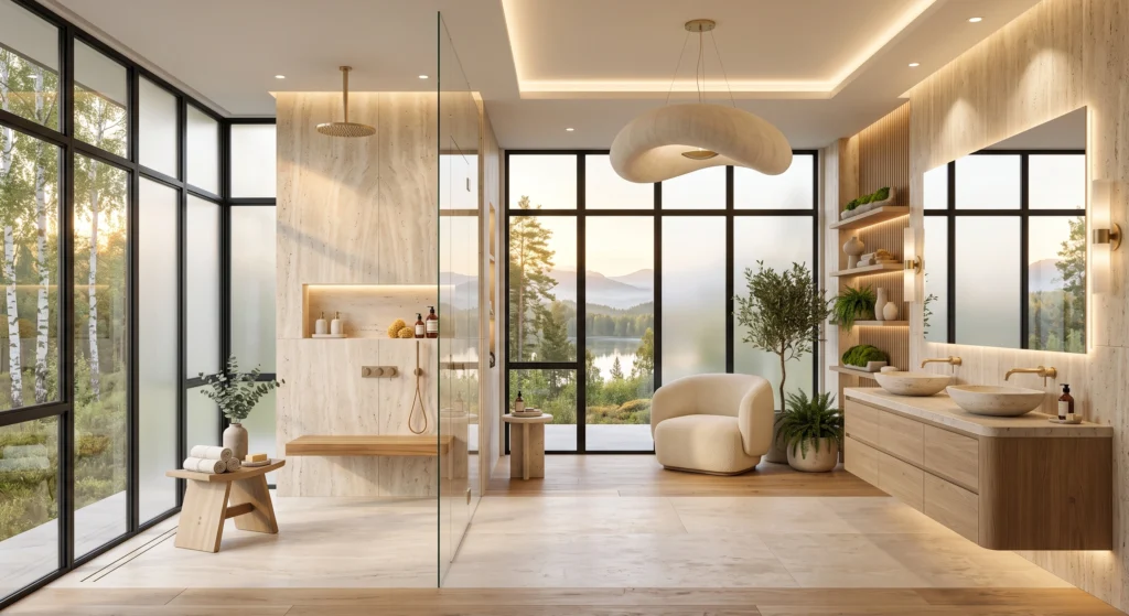 A stunning Scandinavian spa bathroom flooded with natural sunlight through floor-to-ceiling frosted windows and sheer linen curtains. Layered lighting includes warm LED ceiling coves, illuminated shower niches, elegant wall sconces, pendant lighting, and vanity lighting, creating a cozy and luxurious atmosphere that highlights the natural stone textures and oak finishes.