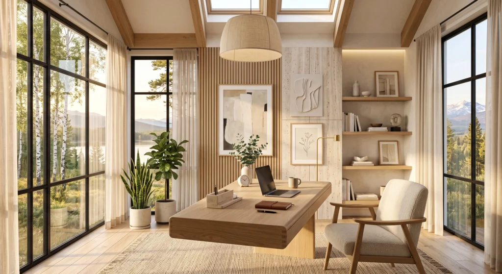 Golden morning sunlight pours through expansive black-framed windows into a luxurious Scandinavian study room, illuminating a floating oak desk positioned at the perfect angle to avoid screen glare. Soft Belgian linen curtains gently diffuse the light while panoramic views of Nordic forests and tranquil lakes create a calming connection to nature. The airy interior, warm neutral palette, and minimalist styling transform natural daylight into the room's most inspiring design feature.