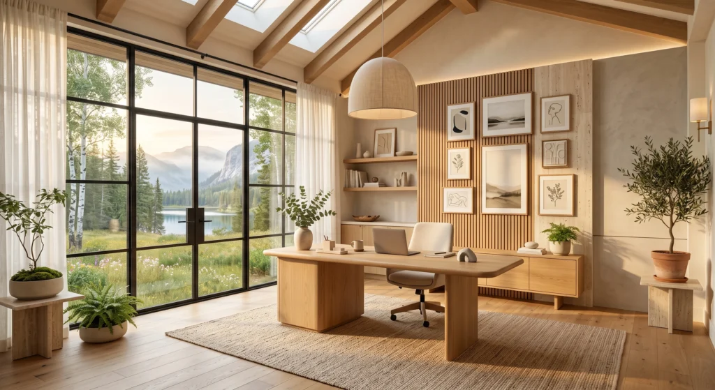 A bright luxury Scandinavian office filled with golden morning sunlight streaming through expansive floor-to-ceiling black-framed windows dressed in sheer Belgian linen curtains. A beautifully positioned oak desk overlooks peaceful Nordic forests and crystal-clear lakes, while soft natural light highlights warm wood finishes, limestone textures, and calming minimalist décor.