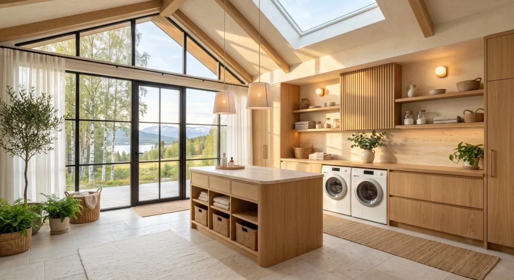 A bright Scandinavian laundry room filled with natural sunlight streaming through large black-framed windows dressed in sheer white linen curtains. Warm under-cabinet lighting, soft ceiling illumination, and neutral Scandinavian finishes create a welcoming, airy space that feels calm and inviting throughout the day.