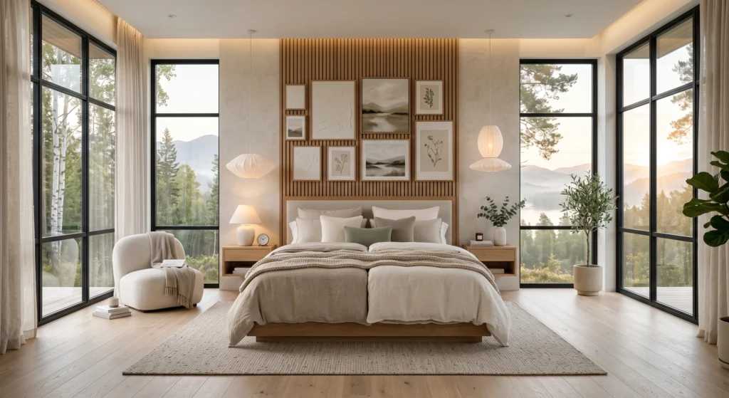 A luxurious Scandinavian master bedroom featuring a premium solid oak king bed styled with the authentic two-duvet Nordic sleep method, two matching Belgian linen duvets folded back elegantly, oversized upholstered linen headboard, warm neutral bedding, floor-to-ceiling windows overlooking a Nordic forest, museum-quality Scandinavian wall art, oak flooring, soft morning sunlight, and five-star hotel styling.
