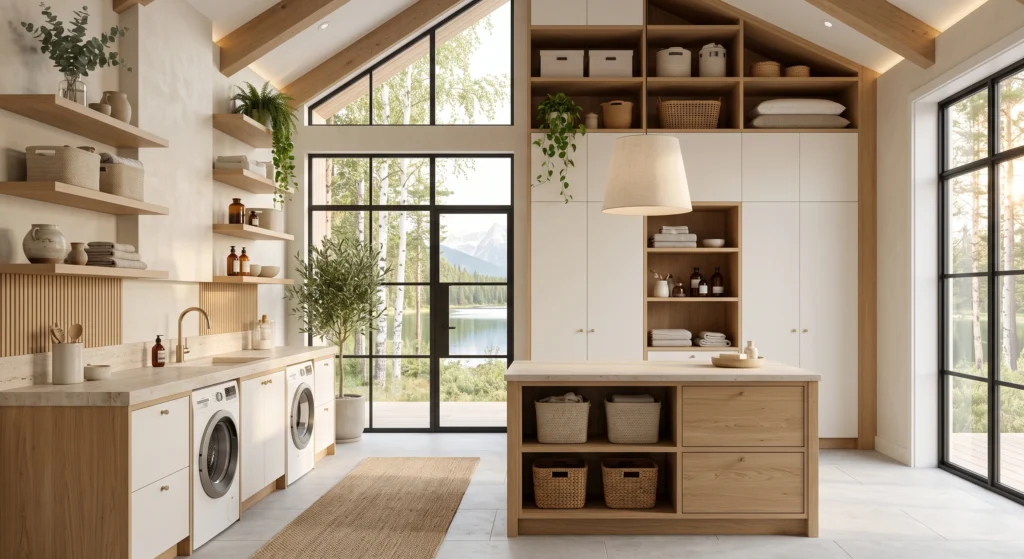 A beautifully organized Scandinavian laundry room with floor-to-ceiling cabinets, floating shelves, hidden storage, and custom oak millwork that maximizes every inch of vertical space. The bright neutral palette, integrated appliances, and elegant styling make the compact room feel open, airy, and effortlessly functional.