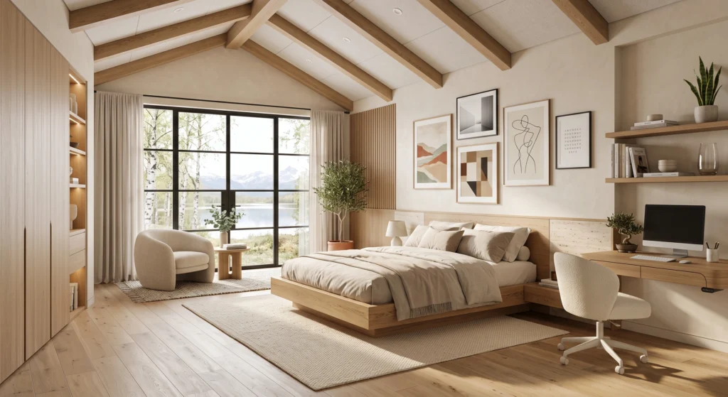 A luxurious Scandinavian teen bedroom showcasing a carefully curated gallery wall with a few framed abstract prints, minimalist black-and-white photography, and subtle Nordic-inspired artwork. The neutral walls, oak furniture, and soft textiles allow the artwork to become a tasteful focal point while maintaining a calm, uncluttered atmosphere filled with warmth and personality.