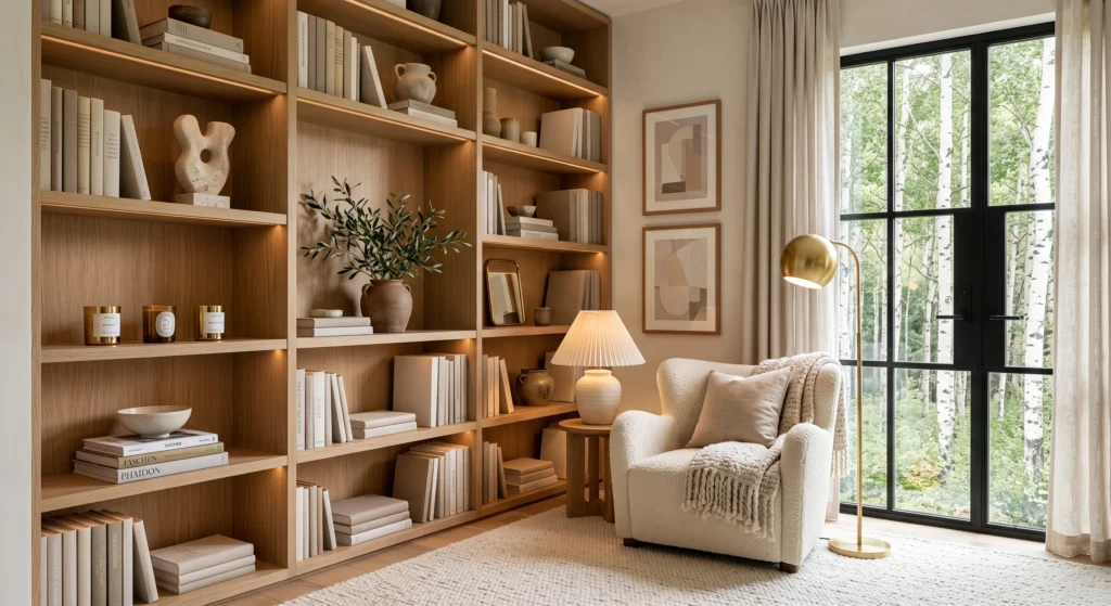 A sophisticated Scandinavian bookshelf featuring vertically arranged books mixed with horizontal book stacks topped by ceramic bowls, candles, and sculptural accessories, creating visual balance and modern Nordic elegance.