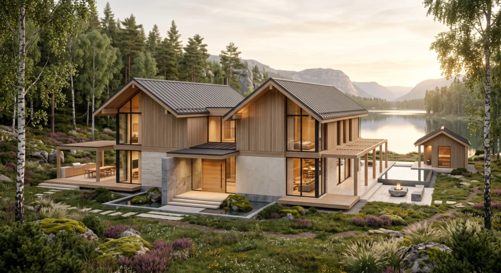 A luxurious Scandinavian home exterior crafted from natural European white oak cladding, warm ash timber accents, creamy limestone walls, travertine details, and matte charcoal roofing. Rich wood textures, organic stone surfaces, panoramic glazing, and peaceful Nordic landscaping create a timeless biophilic home that celebrates sustainable natural materials and refined Scandinavian craftsmanship.