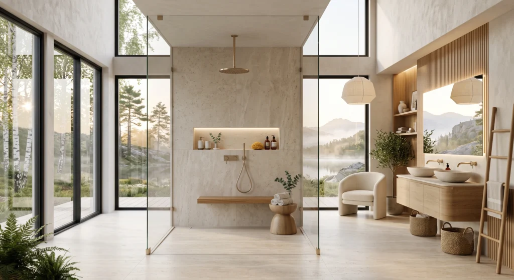 A modern Scandinavian bathroom showcasing an ultra-clear frameless glass walk-in shower that seamlessly blends into the open space. The transparent enclosure highlights luxurious travertine walls, natural stone flooring, warm oak cabinetry, brushed brass fixtures, and floor-to-ceiling windows overlooking peaceful Nordic scenery.