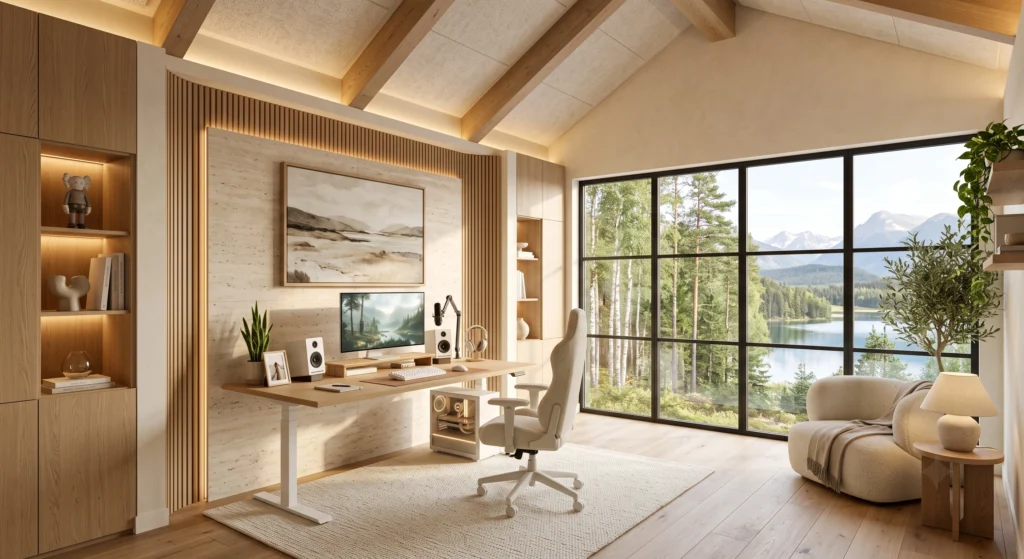 A premium Scandinavian gaming workstation featuring dual ultra-thin bezel-less OLED monitors mounted on elegant floating monitor arms with hidden cable routing. Positioned perfectly at ergonomic eye level above a handcrafted oak sit-stand desk, the floating displays create a clean, spacious, and professional gaming environment enhanced by warm ambient lighting and minimalist Nordic design.