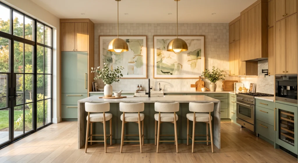 A modern Scandinavian kitchen featuring soft sage green lower cabinets paired with natural oak upper cabinets, a waterfall quartzite island, oversized abstract wall art, and warm brass accents for a bright, balanced Nordic design.