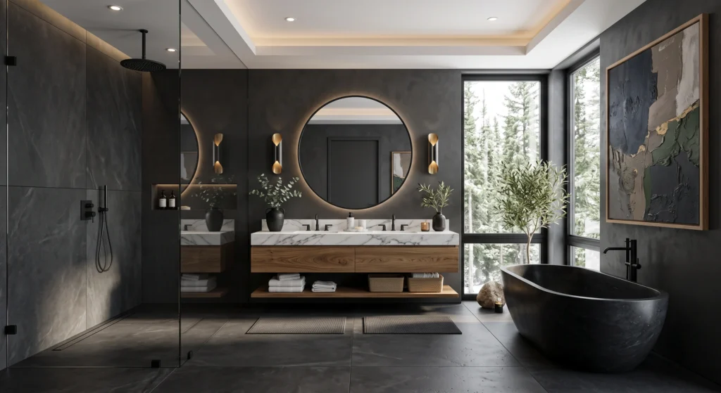 Rich charcoal walls contrast beautifully with natural oak furniture, floating shelves, and warm wood accents, creating a balanced and inviting Scandinavian bathroom.