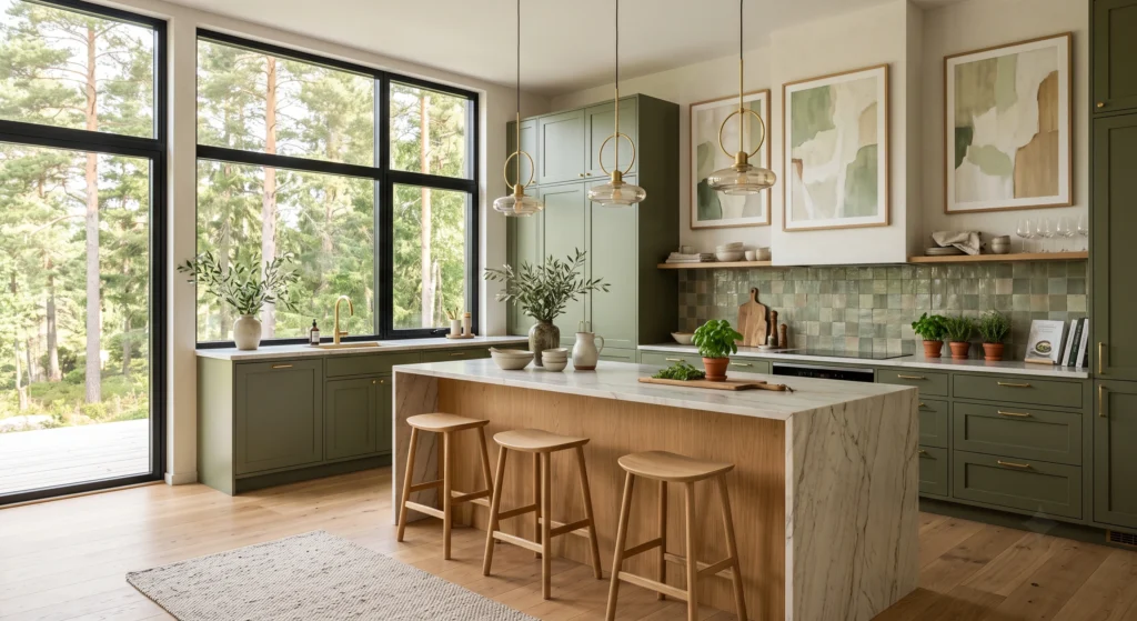 A luxurious Scandinavian kitchen blending matte green cabinetry with natural oak wood finishes, quartzite countertops, oversized contemporary artwork, handcrafted ceramics, and warm Nordic-inspired textures.