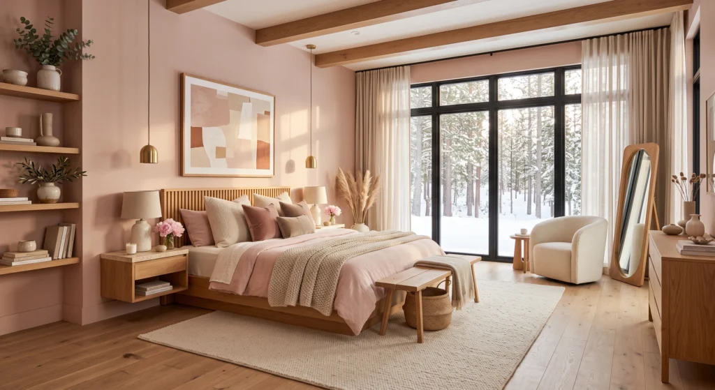 Scandinavian blush pink bedroom with natural oak furniture and cozy neutral textiles.