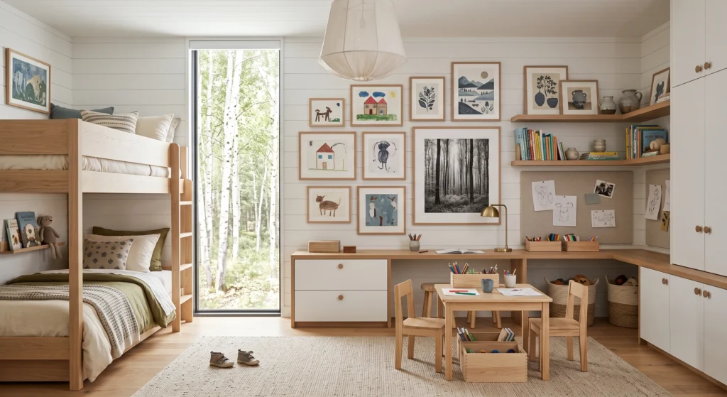 A sophisticated Scandinavian kids' room featuring a museum-inspired gallery wall with beautifully framed children's artwork, botanical illustrations, woodland animal prints, and handcrafted ceramic wall décor displayed at child-friendly eye level. The personalized artwork transforms the minimalist bedroom into a warm, meaningful space that celebrates creativity while maintaining timeless Nordic elegance.