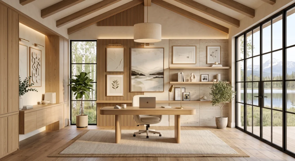 A thoughtfully personalized Scandinavian study room features only a few carefully curated decorative pieces, including a framed abstract artwork, handcrafted ceramic sculpture, botanical illustration, and one meaningful photograph displayed on floating oak shelves. Every object has generous breathing room, allowing the museum-quality wall art and artisan craftsmanship to become the emotional centerpiece without overwhelming the minimalist design. The result is a warm, inspiring workspace that feels deeply personal while remaining beautifully uncluttered.