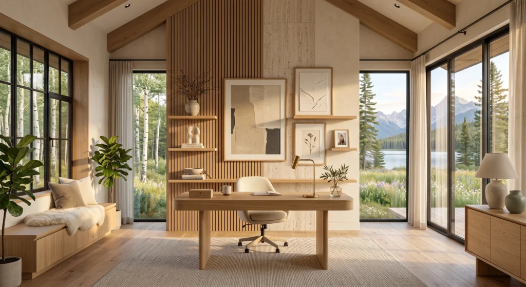 A refined Scandinavian home office styled with carefully curated meaningful décor, including one oversized framed Nordic artwork, a handcrafted ceramic sculpture, a favorite design book, and a minimalist oak picture frame. The intentional styling, generous negative space, warm wood textures, and elegant architectural details create a workspace that feels deeply personal without sacrificing Scandinavian simplicity.