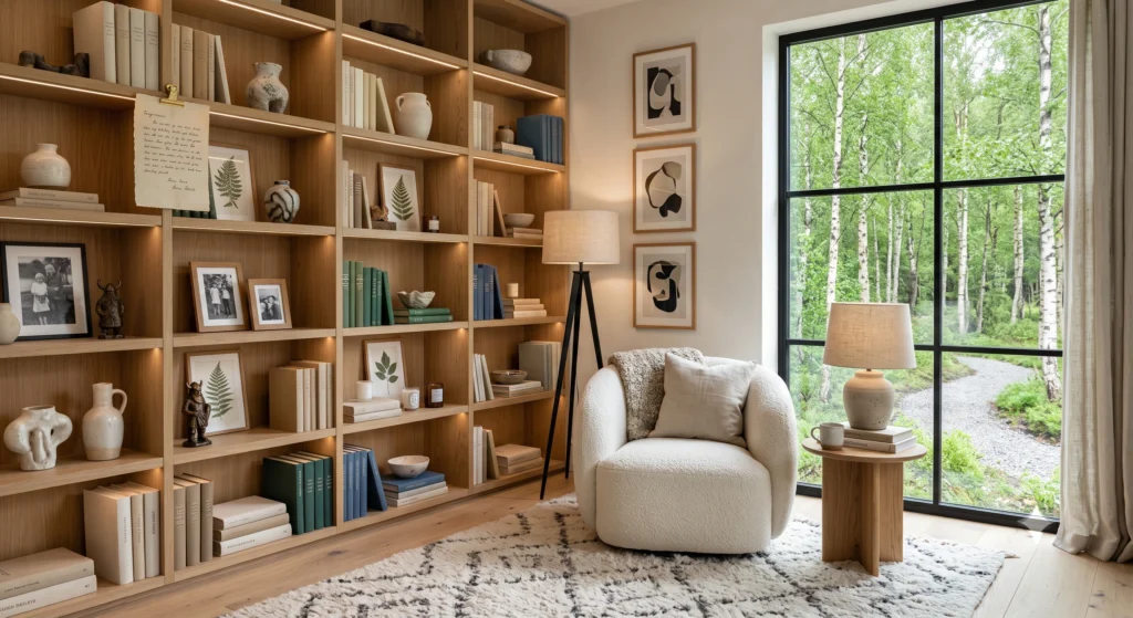 A personalized Scandinavian bookshelf displaying favorite books, framed family photos, handmade pottery, travel souvenirs, botanical artwork, artisan candles, and elegant Nordic décor that creates a warm and meaningful reading sanctuary.
