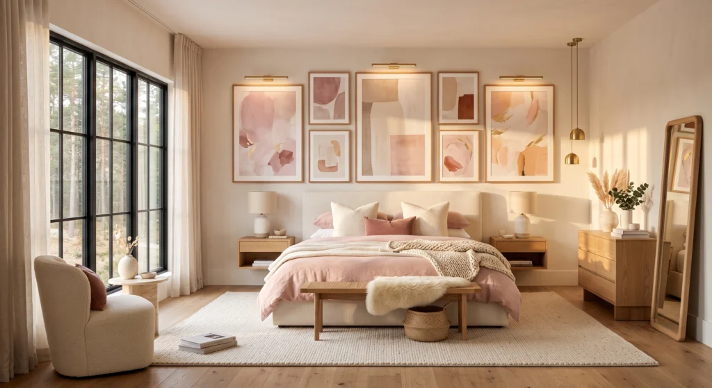 Scandinavian bedroom with blush abstract wall art above oak bed and soft pink décor.