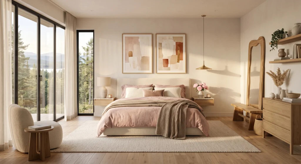Scandinavian bedroom with blush pink linen bedding and warm wooden furniture.