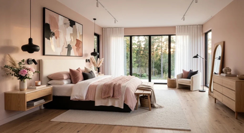 Scandinavian bedroom with blush pink walls, black accents and contemporary wall art.