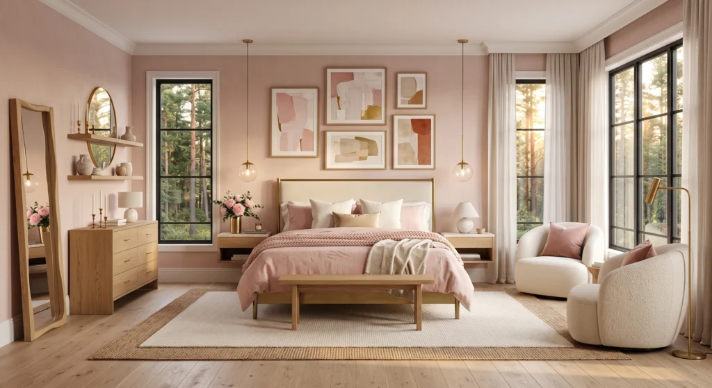 Scandinavian bedroom with blush pink décor, brass lighting and luxury oak furniture.