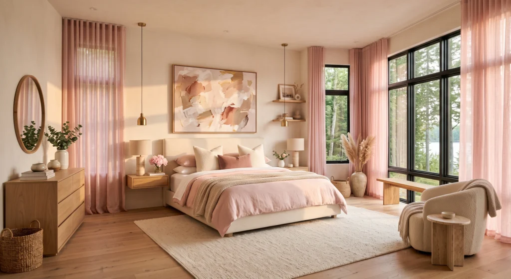 Scandinavian bedroom with sheer blush pink curtains and bright natural lighting.
