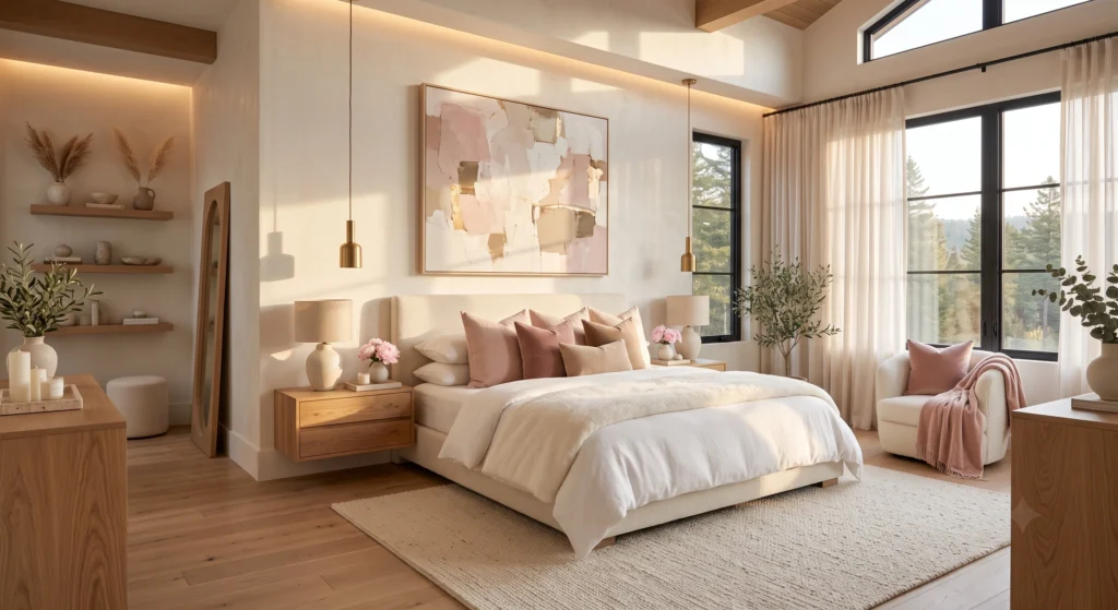 Scandinavian bedroom with blush pink cushions on neutral bedding and oak furniture.
