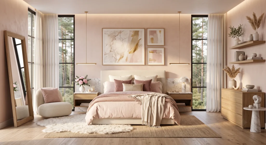 Scandinavian bedroom with blush pink décor, white marble furniture and contemporary wall art.