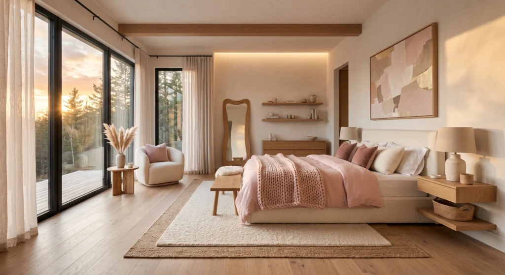 Scandinavian bedroom with blush bedding, wool throws, jute rug and natural oak furniture.