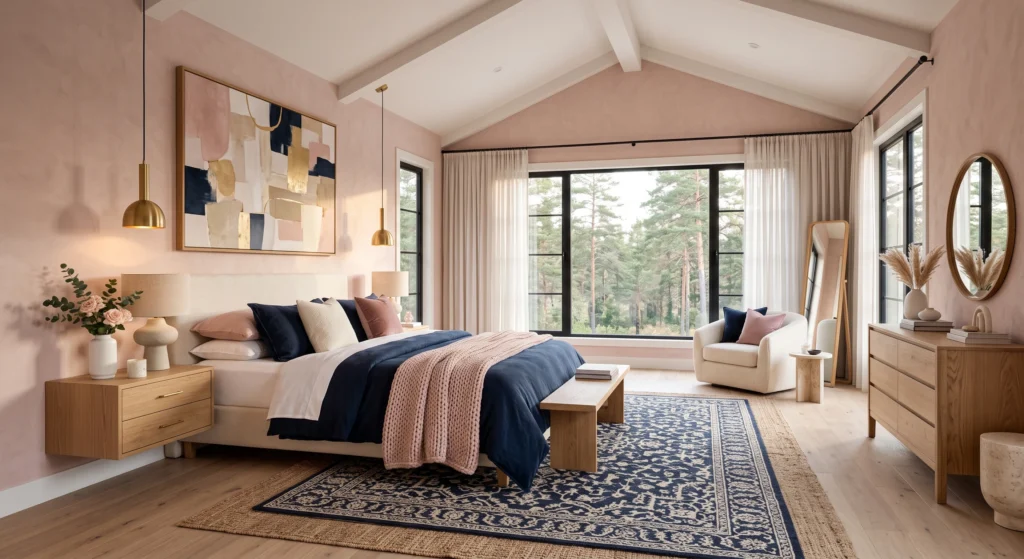 Scandinavian bedroom with blush pink walls, navy bedding and modern Nordic décor.