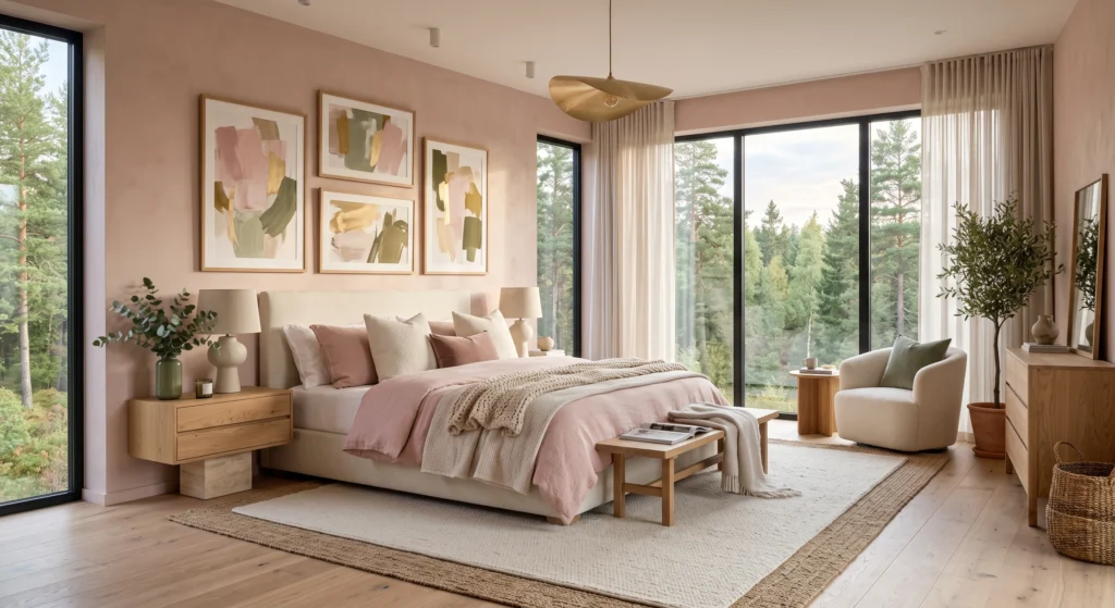 Scandinavian bedroom with blush pink and sage green décor, oak furniture and botanical accents.