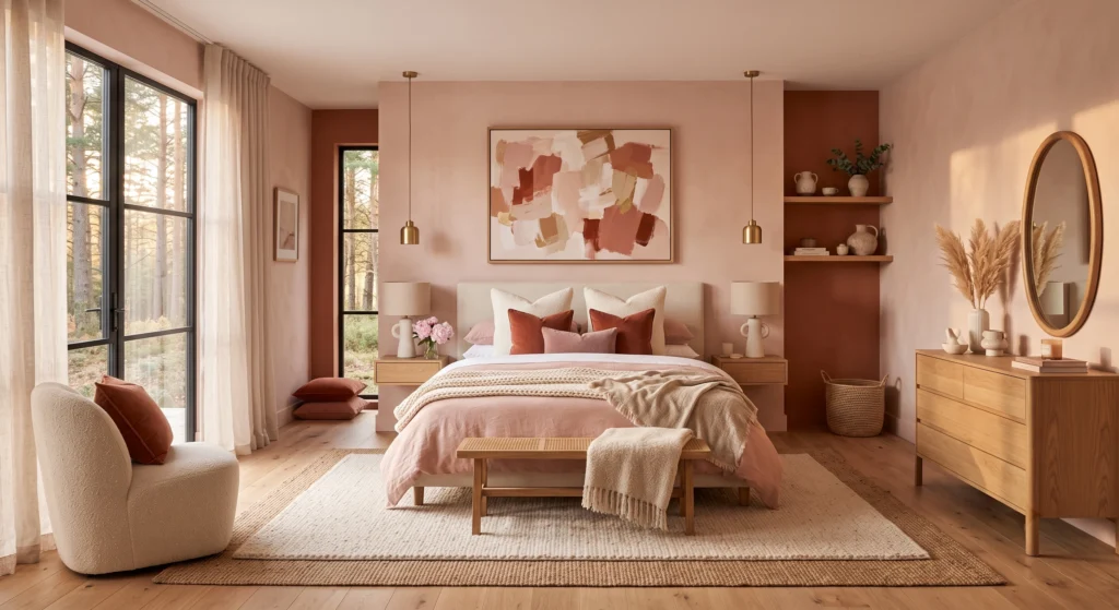 Scandinavian bedroom with blush pink and terracotta décor, oak furniture and abstract wall art.