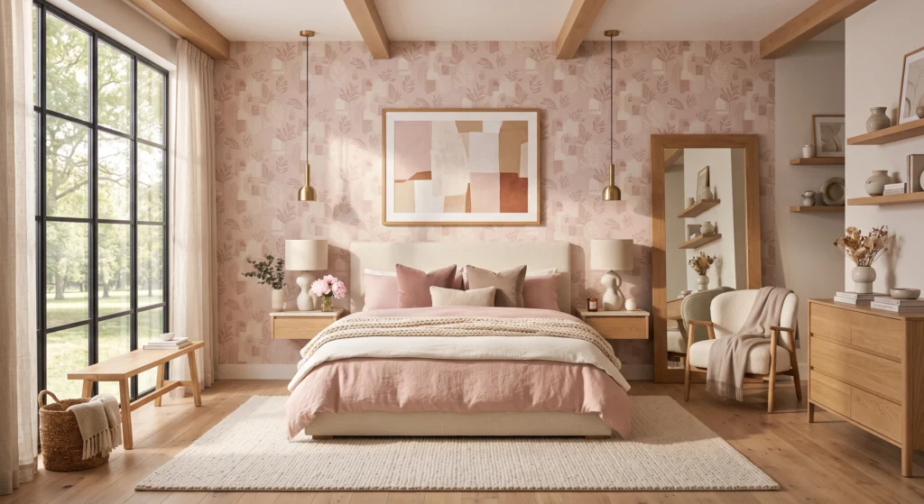 Scandinavian bedroom with muted pink floral wallpaper, oak bed and cozy linen bedding.