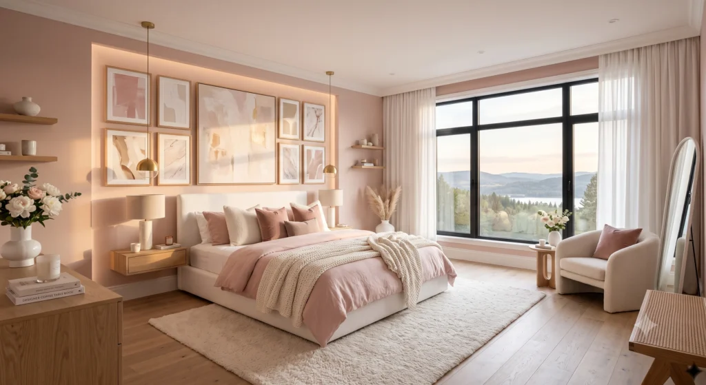 Scandinavian bedroom with blush pink walls, white bedding and minimalist Nordic styling.