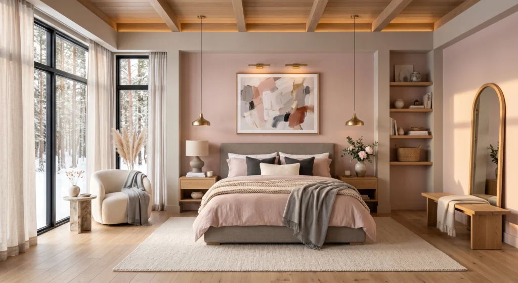 Scandinavian bedroom with blush pink and warm grey color palette and oak furniture.