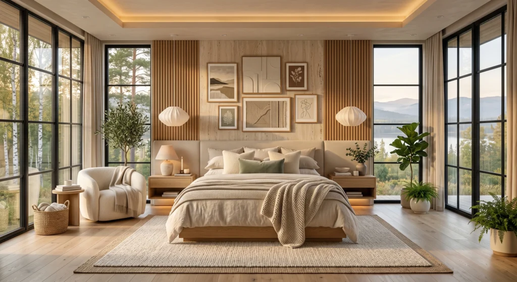 A luxurious Scandinavian bedroom showcasing layered textures including Belgian linen bedding, organic cotton sheets, soft velvet accent cushions, bouclé pillows, chunky wool throws, handcrafted oak furniture, oversized Nordic wall art, travertine accents, panoramic windows, and elegant minimalist styling.