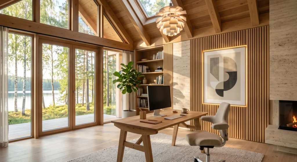 This luxury Scandinavian study room pairs timeless Nordic aesthetics with exceptional ergonomic design through a height-adjustable European white oak sit-stand desk, premium ergonomic chair upholstered in Belgian linen, and a monitor positioned perfectly at eye level. Hidden cable management, spacious work surfaces, layered lighting, and natural materials create a workspace that supports healthy posture during long study sessions. The sophisticated interior proves that comfort and elegant Scandinavian design can exist in perfect harmony.