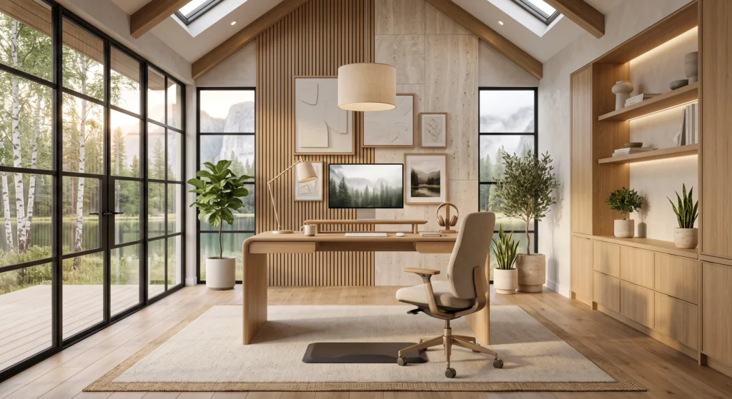 A luxury Scandinavian home office featuring an elegant ergonomic office chair upholstered in Belgian linen, a premium height-adjustable European white oak sit-stand desk, monitor positioned at eye level, hidden cable management, and minimalist storage. Surrounded by warm natural materials, layered lighting, and panoramic Nordic views, the workspace perfectly combines wellness, comfort, and timeless Scandinavian design.