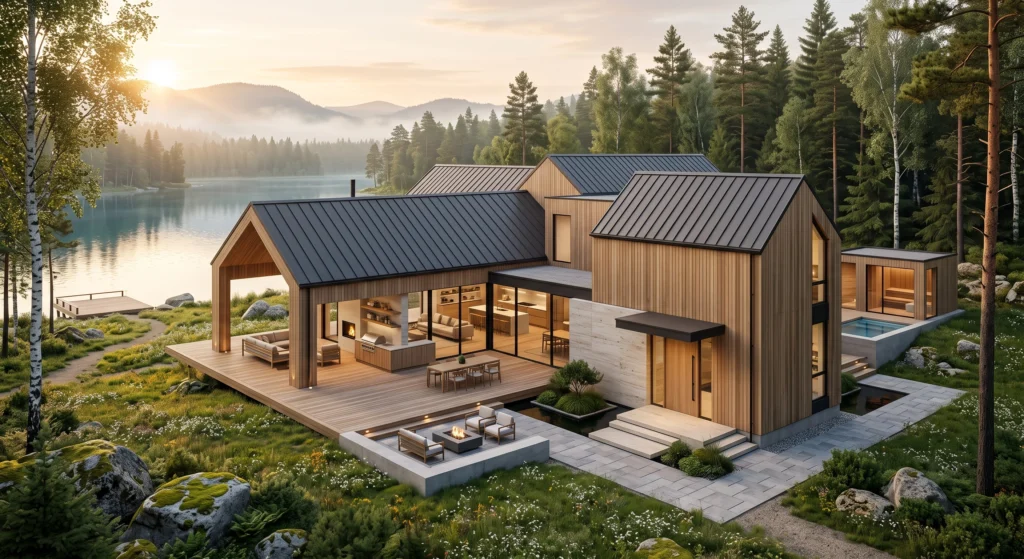 An elegant contemporary Scandinavian residence with clean minimalist architecture designed around efficient family living. Thoughtfully organized exterior volumes, large panoramic windows, integrated outdoor terraces, hidden storage elements, floating rooflines, warm oak cladding, and seamless circulation spaces demonstrate functional Nordic architecture where every design element serves a purpose.