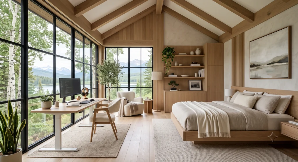 A beautifully organized Scandinavian teen bedroom with floor-to-ceiling oak wardrobes, floating shelves, hidden under-bed storage, woven baskets, and minimalist cabinetry that keeps clutter completely out of sight. Natural oak finishes, clean architectural lines, handcrafted storage solutions, and carefully curated décor create a spacious, tidy, and sophisticated Nordic interior.