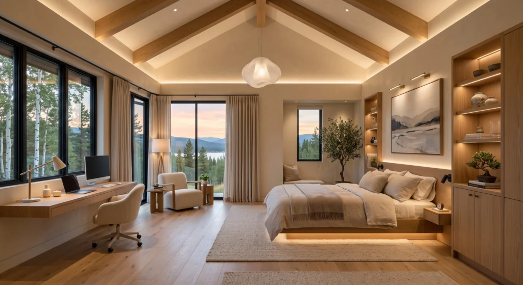 A warm Scandinavian teen bedroom illuminated by beautifully layered lighting, including concealed ceiling cove lighting, elegant pendant lights, a linen-shaded desk lamp, soft bedside lamps, subtle LED accent lighting, and delicate fairy lights. The layered illumination creates a cozy atmosphere perfect for studying, relaxing, or reading while highlighting the natural wood, linen, and stone textures throughout the room.
