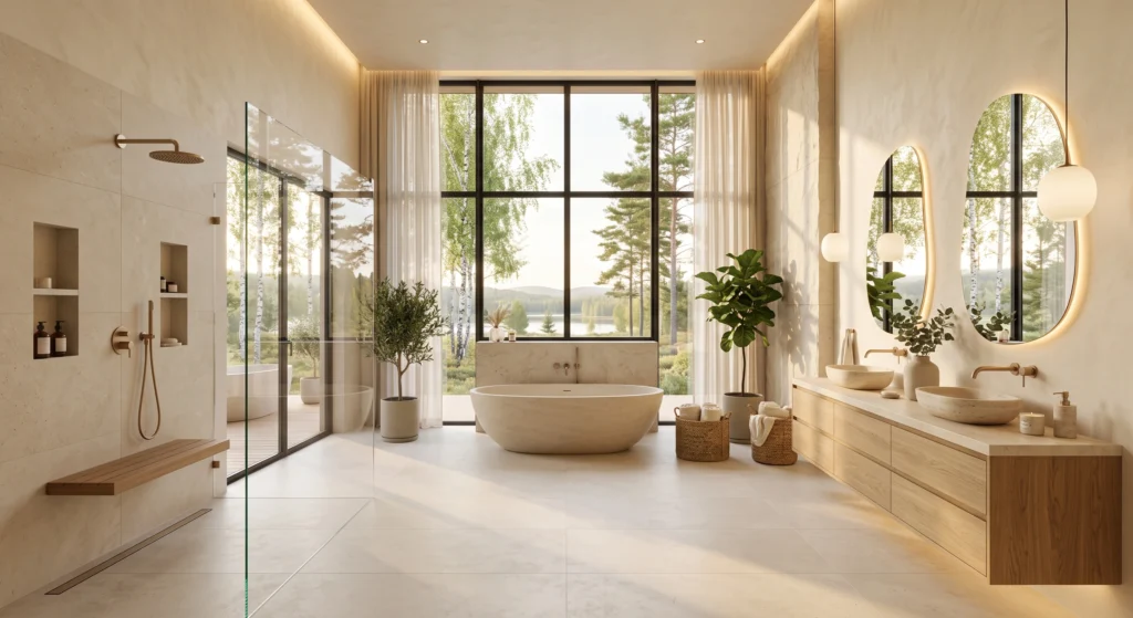 A luxurious Scandinavian master bathroom featuring warm white limewash walls, soft greige limestone tiles, a floating oak vanity, a freestanding stone bathtub, oversized windows overlooking a Nordic forest, and a calming neutral color palette filled with natural light.