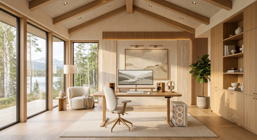 A bright Scandinavian gaming room featuring a handcrafted light oak sit-stand desk with clean lines and a clutter-free surface. A slim OLED gaming monitor, wireless keyboard, wireless mouse, and discreet cable management create a calm, organized workspace. Soft Nordic sunlight streams through floor-to-ceiling windows, illuminating warm white walls, light oak flooring, and subtle natural textures for a cozy yet highly functional gaming setup.