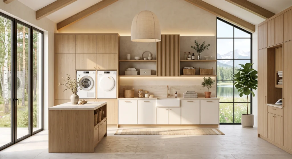A bright Scandinavian laundry room featuring warm white walls, soft greige cabinetry, pale oak accents, and light stone flooring. Floor-to-ceiling windows flood the minimalist space with natural light, while integrated appliances, clean lines, and subtle neutral textures create a calm, spacious, and elegant Nordic utility room.
