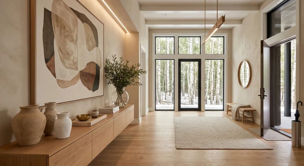 A luxurious Scandinavian foyer featuring warm white limewashed walls, soft greige accents, seamless ivory trim, extra-wide European white oak flooring, abundant natural sunlight streaming through black steel-framed glass doors, minimal Nordic décor, airy atmosphere, handcrafted oak furniture, Architectural Digest editorial style, ultra-realistic, 8K.
