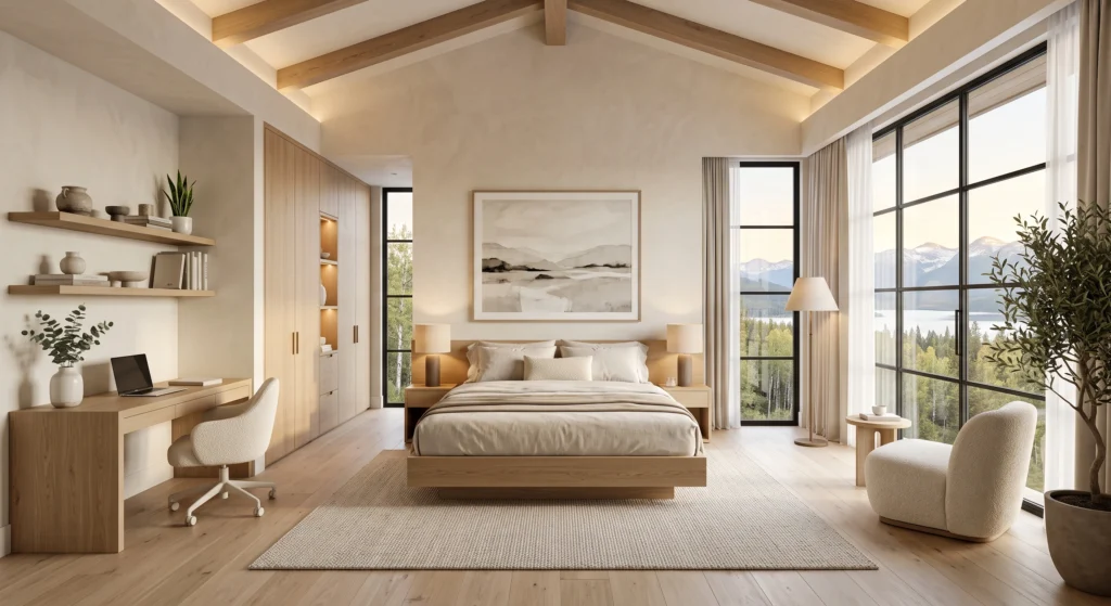 A luxurious Scandinavian teen bedroom with warm white limewash walls, light European white oak flooring, and a soft ivory wool area rug creates a peaceful foundation. A low-profile oak platform bed with Belgian linen bedding sits beneath oversized minimalist artwork, while floor-to-ceiling windows flood the room with warm natural light. Soft neutral tones, clean architectural lines, and natural materials create a timeless Nordic retreat that can easily evolve as a teenager's style changes.