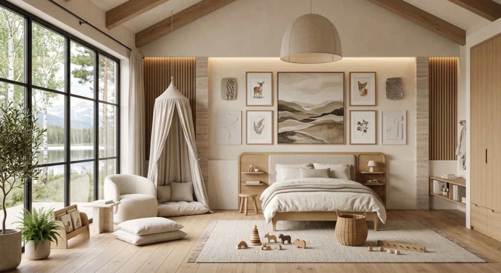 A bright Scandinavian kids' bedroom with warm white walls, light oak flooring, and soft oatmeal linen bedding creates a peaceful foundation for rest and play. Natural sunlight pours through large floor-to-ceiling windows, while handcrafted oak furniture, a cozy wool rug, and subtle Nordic décor bring warmth without clutter. The neutral palette makes the room timeless, calm, and easy to adapt as a child grows.
