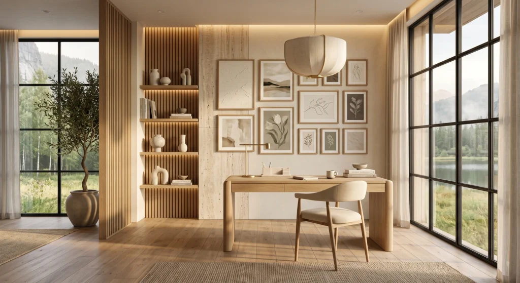 A luxurious Scandinavian home office tucked into a peaceful corner of a modern Nordic home, featuring a floating European white oak desk, soft Belgian linen curtains, elegant oak room divider, floor-to-ceiling black steel-framed windows, museum-quality wall art, warm neutral tones, and breathtaking views of birch forests. The quiet, clutter-free workspace perfectly balances privacy, natural light, and minimalist Scandinavian design for maximum focus and calm.