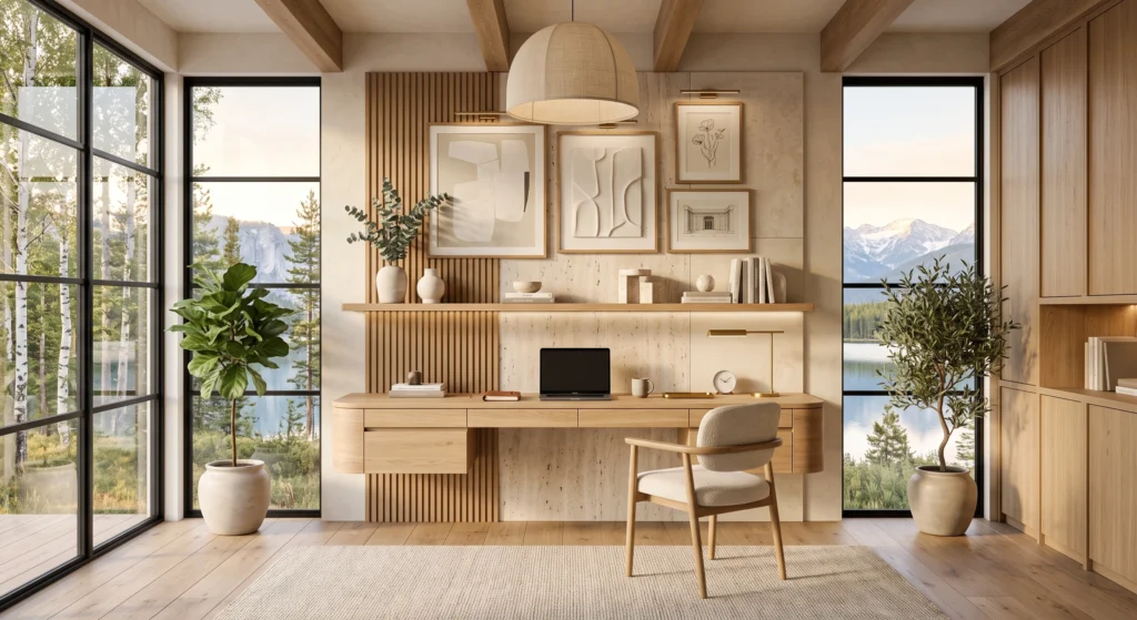 A premium Scandinavian study room centered around a handcrafted European white oak desk with concealed drawers and floating shelves showcases timeless Nordic craftsmanship. The clean-lined furniture, hidden storage, neutral color palette, and curated décor create an uncluttered workspace where functionality meets quiet luxury. Warm natural light highlights the rich oak grain, museum-quality wall art, and elegant architectural details, making the desk the calming focal point of the room.
