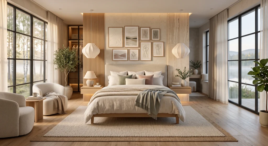 A serene luxury Scandinavian bedroom featuring layered bedding in warm white, cream, oatmeal, beige, soft grey, and muted sage green accents, handcrafted oak bed, oversized Scandinavian artwork, limestone feature wall, linen curtains, natural wood flooring, and peaceful golden morning lighting.