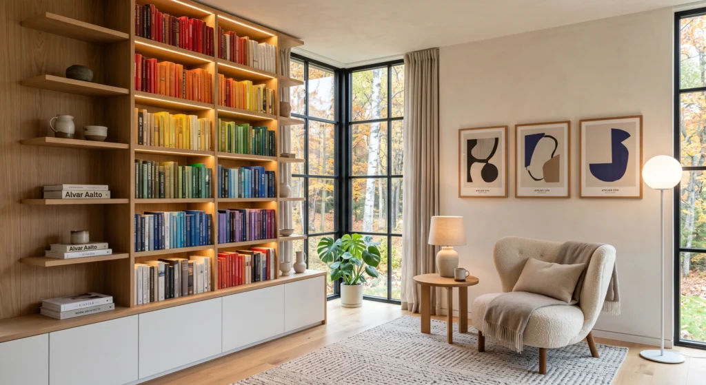A beautifully organized Scandinavian bookshelf displaying books arranged in a soft ombre color gradient, accented with ceramic vases, candles, greenery, and natural oak shelving for a stylish Nordic reading nook.